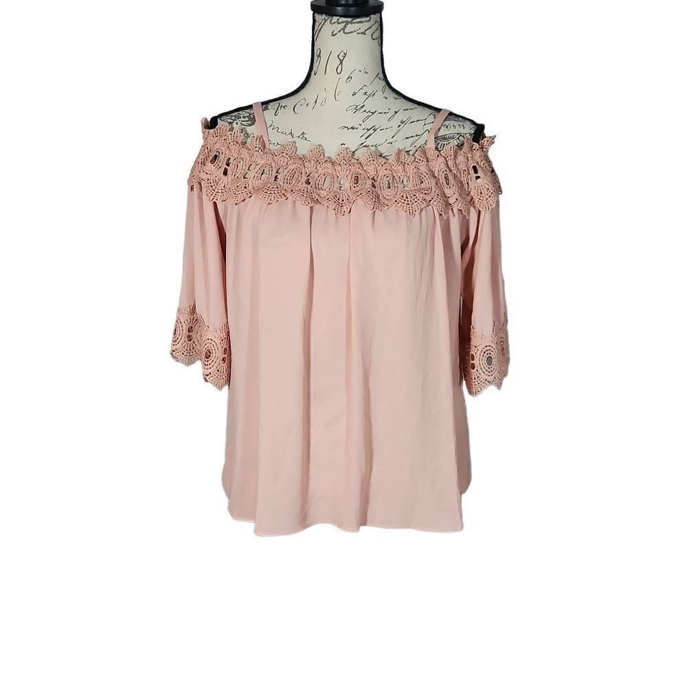 By & By Women's Size Large Pink Off Shoulder Flowy Sheer Crochet Edge Blouse